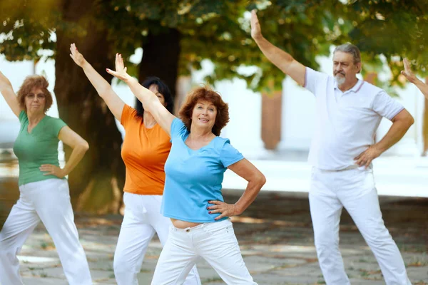 Warming up exercises. Group of elderly people, man and women training outdoors, doing healthy workout in park. Concept of sport and health, active lifestyle, age, wellness, body, care