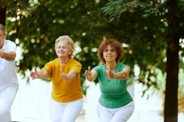 Group of elderly people, man and women training together outdoors on warm summer morning, doing exercises. Concept of sport and health, active lifestyle, age, wellness, body, care