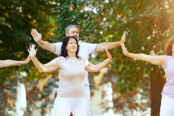 Starsi Radośni Ludzie Podążający Zdrowym Stylem Życia Trenujący Razem Świeżym — Zdjęcie stockowe