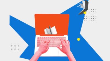 Erkek el işi, online çalışma, dizüstü bilgisayarda yazı yazma, kitaplar ve internetle sınavlara hazırlanma. Hareket etmeyi, animasyonu durdurun. Çevrimiçi eğitim kavramı, İnternet yardımı, modern yenilikler