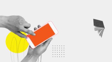 Çalışmak için cep telefonu kullanan bir kadın. Kağıt kitaplarını okumak için online uygulamalarla değiştir. Hareket etmeyi, animasyonu durdurun. Çevrimiçi eğitim kavramı, İnternet yardımı, modern yenilikler