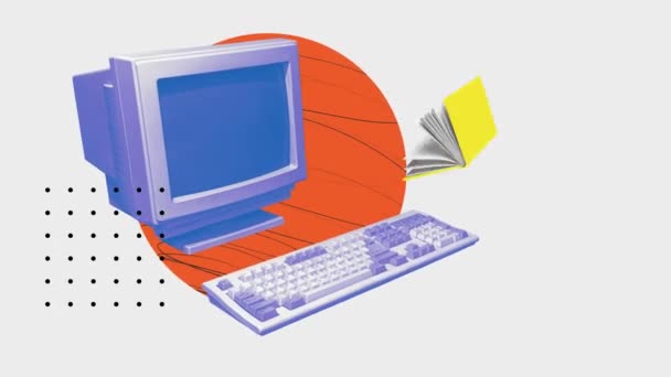 レトロコンピュータモニターに飛び込む本は 情報検索 書籍や記事へのオンラインアクセスを象徴しています アニメーションを停止する オンライン教育 インターネット 現代のイノベーションの概念 — ストック動画