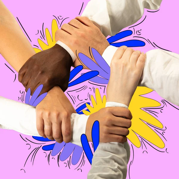 Human hands holding each other, showing support and acceptance. Race equality. Contemporary art collage. Concept of womens equality day, feminism, social issues, gender, acceptance. Banner, flyer, ad