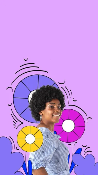 Fröhliche Lächelnde Afrikanische Frau Vor Violettem Hintergrund Rassengleichheit Collage Zeitgenössischer — Stockfoto