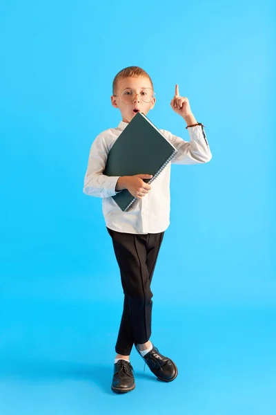 聪明的小男孩 戴眼镜的孩子 穿着白色的衬衫和黑色的裤子站在蓝色工作室背景的文件夹 儿童情感 广告的概念 — 图库照片
