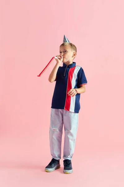 Birthday Boy Little Boy Child Party Hat Celebrating Birthday Pink — Stock Photo, Image