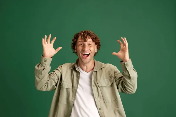 Mature Curly Man Casual Clothes Standing Happy Surprised Excited Green — Stock Photo, Image