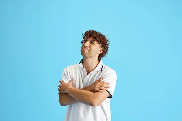 Portrait Mature Man Curly Hair White Shirt Standing Dreaming Face — Stock Photo, Image