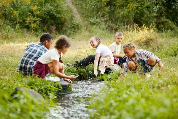 Dzieci Bawiące Się Lesie Nad Rzeką Pijące Wodę Ciepły Słoneczny — Zdjęcie stockowe