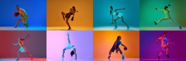 Kolaj. Sportif gençler, erkek ve kadın eğitimleri, neon ışıkta çok renkli arka plana karşı oynuyorlar. Profesyonel spor, oyun, rekabet, aksiyon ve hareket kavramı. Reklam. Pankart, poster