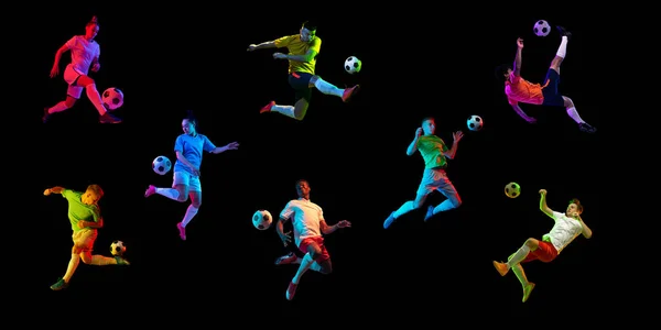 Collage Realizado Con Deportistas Hombres Mujeres Futbolistas Entrenando Aislados Sobre — Foto de Stock