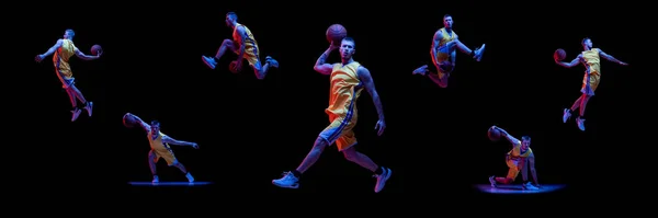 Collage Muscular Athletic Young Guy Basketball Player Uniform Ball Motion — Stock Photo, Image