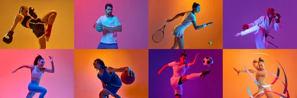 Collage Giovani Sportivi Uomini Donne Che Allenano Giocando Uno Sfondo — Foto Stock