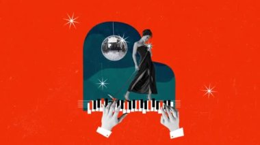 Sanatçı, genç, yetenekli Afrikalı kadın mikrofonla şarkı söylüyor, piyano melodisi yayılıyor. Hareket etmeyi, animasyonu durdurun. Müzik anlayışı, yaşam tarzı, ses sanatı, performans. Yaratıcı parlak tasarım