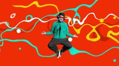 Kulaklıkla müzik dinleyen ve şarkının tadını çıkaran bir adam. Hip hop titreşimleri, canlı arka plan. Hareket etmeyi, animasyonu durdurun. Müzik anlayışı, yaşam tarzı, ses sanatı, performans. Yaratıcı parlak tasarım