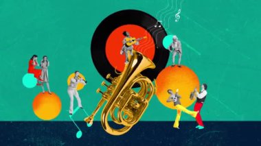 Bir grup yetenekli, sanatsal insan çeşitli müzik enstrümanlarıyla çalıyor, şarkı söylüyorlar. Otantik parti. Hareket etmeyi, animasyonu durdurun. Müzik, yaşam tarzı, ses sanatı, performans konsepti. Yaratıcı parlak tasarım