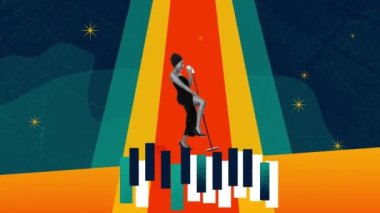 Duygusal, anlamlı, piyano çalan genç bir kadın. Caz festivali, konser. Hareket etmeyi, animasyonu durdurun. Müzik anlayışı, yaşam tarzı, ses sanatı, performans. Yaratıcı parlak tasarım