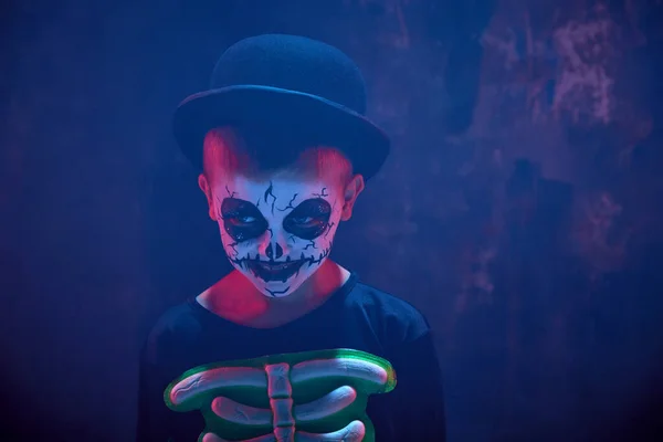 Little Boy Child Creepy Pale Face Makeup Wearing Costume Skeleton — Stock Photo, Image