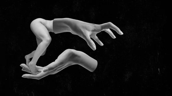 Female Naked Body Hiding Human Giant Hands Black White Image — Stock Photo, Image