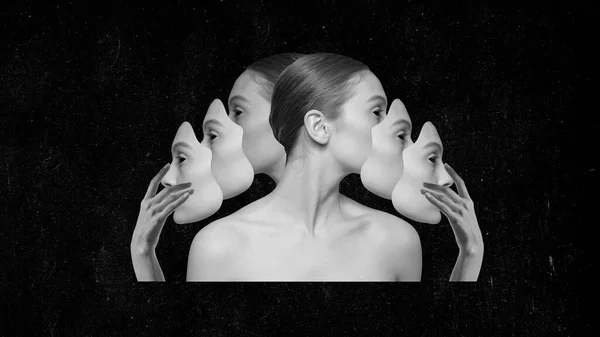 Split Personality Young Woman Many Faces Black White Image Spirit — Stock Photo, Image
