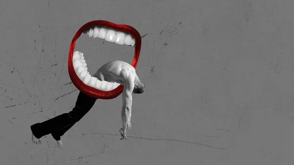Vampire Bite Muscular Young Man Hanging Open Giant Mouth Black — Stock Photo, Image