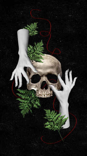 Female Hands Holding Skull Green Leaves Black Background Death Magic — Stock Photo, Image