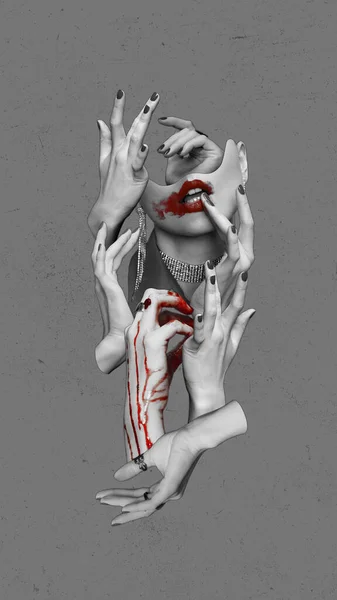 Female Face Element Blood Mouth Hands Grey Background Vampire Look — Stock Photo, Image