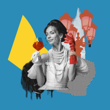 Kraliçe suretinde güzel, zarif bir kadın mavi arka planda şarap içiyor. Çağdaş sanat kolajı. Yaratıcılık kavramı, sürrealizm, güzellik, tarih, moda, retro ve vintage, ad