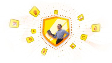 Güvenlik sembolünde duran bir iş adamı, dizüstü bilgisayarla çalışıyor, güvenli internet erişimi geliştiriyor. Çağdaş sanat kolajı. İş, ofis, bilişim, modern teknoloji, yenilik, siber alan, reklam
