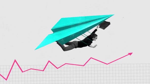 アニメーションを停止する 分析矢 グラフの上に紙飛行機で飛行する若い実業家 リスクを取る ビジネス プロの挑戦 オフィス キャリア 広告の概念 — ストック動画