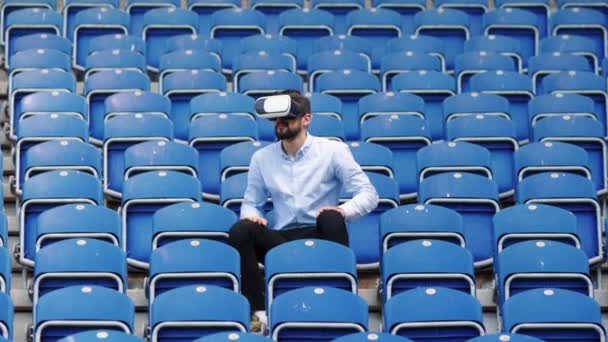 Businessman Sport Fan Wearing Glasses Looking Match Football Stadium Winning — Stock Video