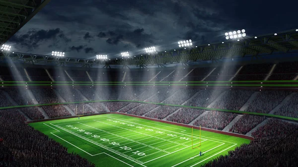 アメリカンフットボールスタジアムの3Dレンダリング画像 グリーングラスフィールドと遊び場でぼやけたファン トップビュー スポーツ アクティビティ サッカー 選手権 ゲームスペースのコンセプト — ストック写真