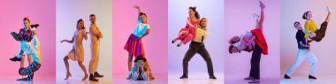 Kolaj. Eski moda kıyafetlerle dans eden şık erkek ve kadınlar neon ışıkta arka planda çok renkli. Eski model. Sanat anlayışı, koreografi, yaratıcılık, hobi, hareketler. Pankart, ilan, ilan