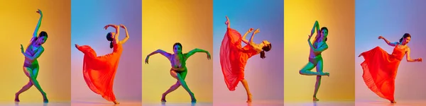 Kolaj Çamaşırlarıyla Dans Eden Zarif Güzel Bir Kadın Neon Işıklarıyla — Stok fotoğraf