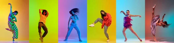 大学生活 富有艺术才华的年轻女性 在霓虹灯下 在五彩缤纷的背景下进行富有创意的舞蹈表演 艺术的概念 — 图库照片