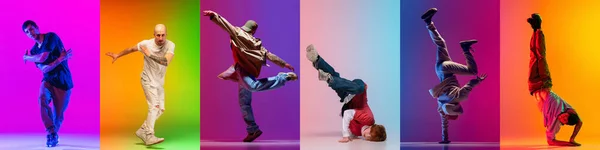 프리스타일이요 브레이크 댄서의 이미지로 콜라주 네온의 다채로운 배경을 움직임 창의력 — 스톡 사진