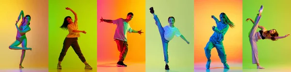 由不同的人 男人和女人组成的学院 在霓虹灯下跳自由式舞 蔑视渐变的彩色背景 艺术的概念 — 图库照片