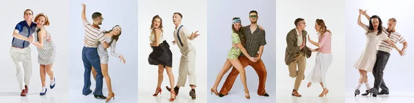 Collage Snygga Män Och Kvinnor Dansar Retro Kläder Vit Bakgrund — Stockfoto
