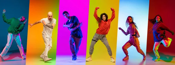 ストリートスタイルのダンス ネオンライトの多色の背景でダンスを踊る男性と女性とのコラージュ アート 創造性 動きの概念 バナー フライヤー — ストック写真