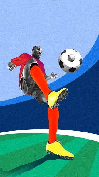 从底部看非洲男子的形象 足球运动员在运动 运球与腿在体育场 当代艺术拼贴 专业运动理念 积极的生活方式 — 图库照片