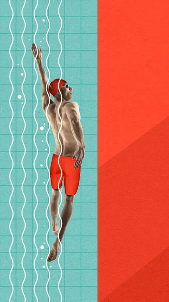 Uomo Muscoloso Allenamento Nuotatore Professionale Piscina Resistenza Velocità Collage Arte — Foto Stock