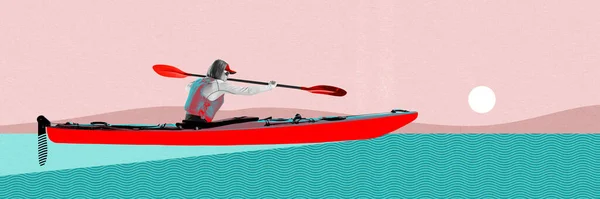 Mujer Joven Remando Canoa Kayak Nadando Compitiendo Collage Arte Contemporáneo —  Fotos de Stock