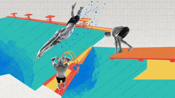 Svalnatý Atletický Muž Profesionální Plavecký Trénink Bazénu Příprava Soutěž Koláž — Stock fotografie