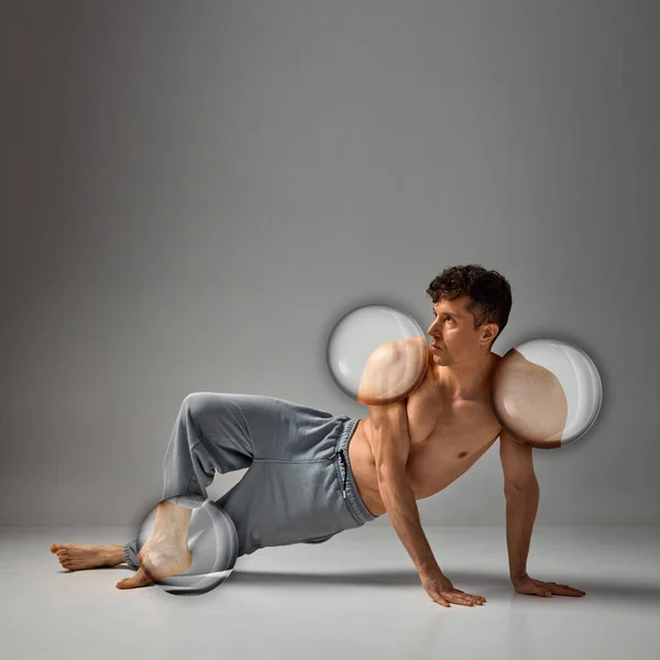 Creative collage. Mature handsome man posing shirtless in pants on grey studio background. Muscular, relief body aesthetics. Concept of mens health and beauty, body and skin care, fitness. Body art