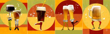 Renkli arka planda nefis köpüklü bira bardaklarıyla insan bacakları. Çağdaş sanat kolajı. Geleneksel festival, alkol içeceği, oktoberfest, parti ve zevk kavramı. Pankart, poster, reklam