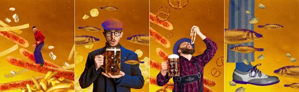 Set Different Men Enjoying Lager Foamy Beer Colorful Background Contemporary — Stock Photo, Image