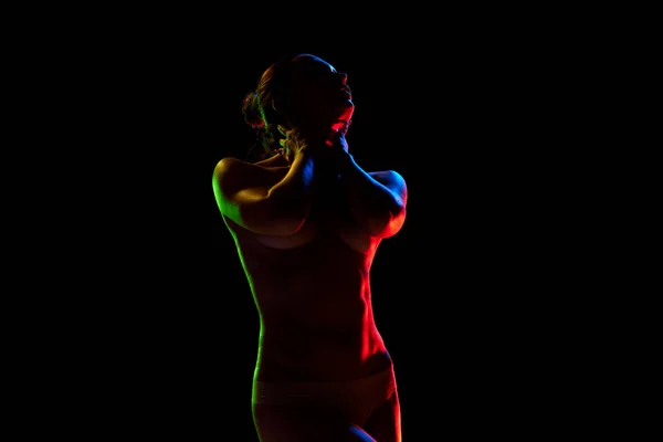 Darkness Silhouette Slim Naked Young Woman Posing Black Studio Background — Stock Photo, Image