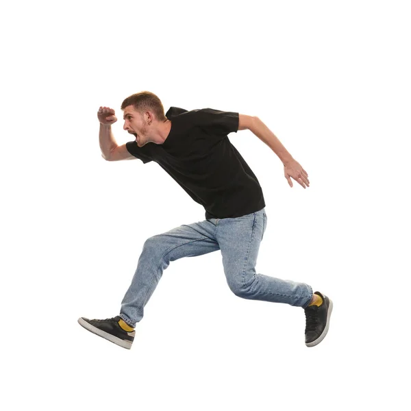 Stilvoller Mann Springt Und Freut Sich Isoliert Auf Weißem Hintergrund — Stockfoto