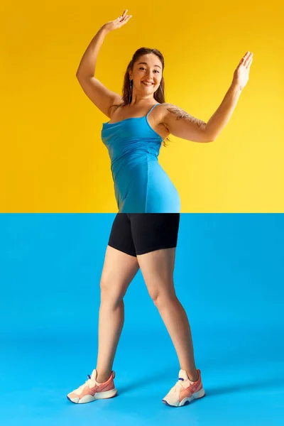 Collage Mitades Retratos Mujer Joven Vestido Azul Ropa Deportiva Sobre —  Fotos de Stock