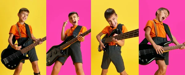 Colagem Feita Com Menino Criança Tocando Guitarra Emocionalmente Sobre Fundo — Fotografia de Stock
